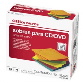 SOBRES PARA CD/DVD OFFICE DEPOT VARIOS COLORES 50